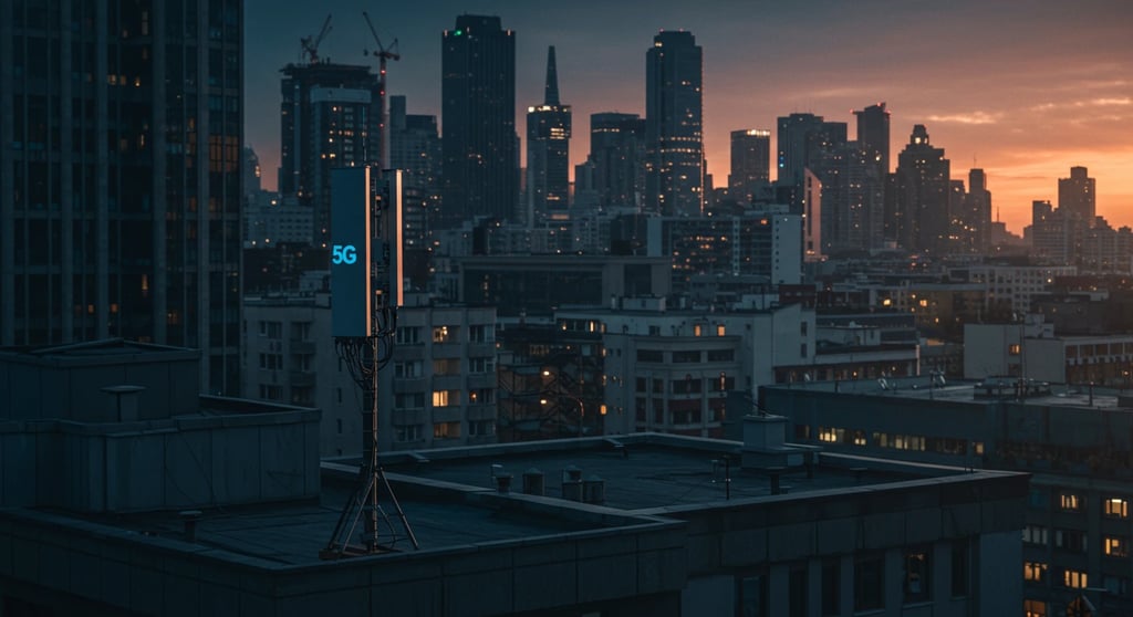 Una antena 5G en una ciudad moderna, con un fondo que muestra un gráfico de adopción lenta en rojo.