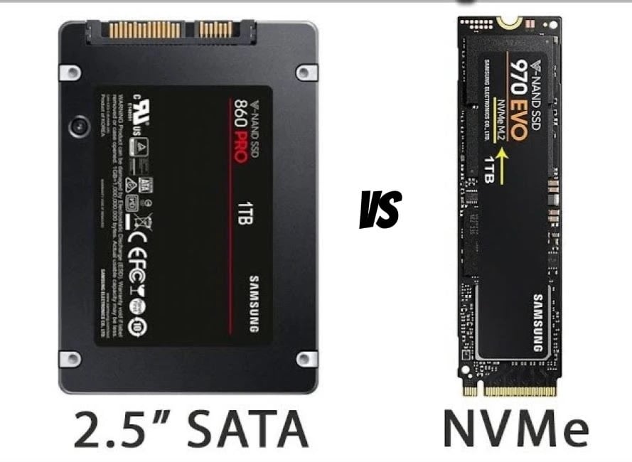 Dos tipos de unidades SSD, una NVMe M.2 y una SATA de 2.5 pulgadas, lado a lado.