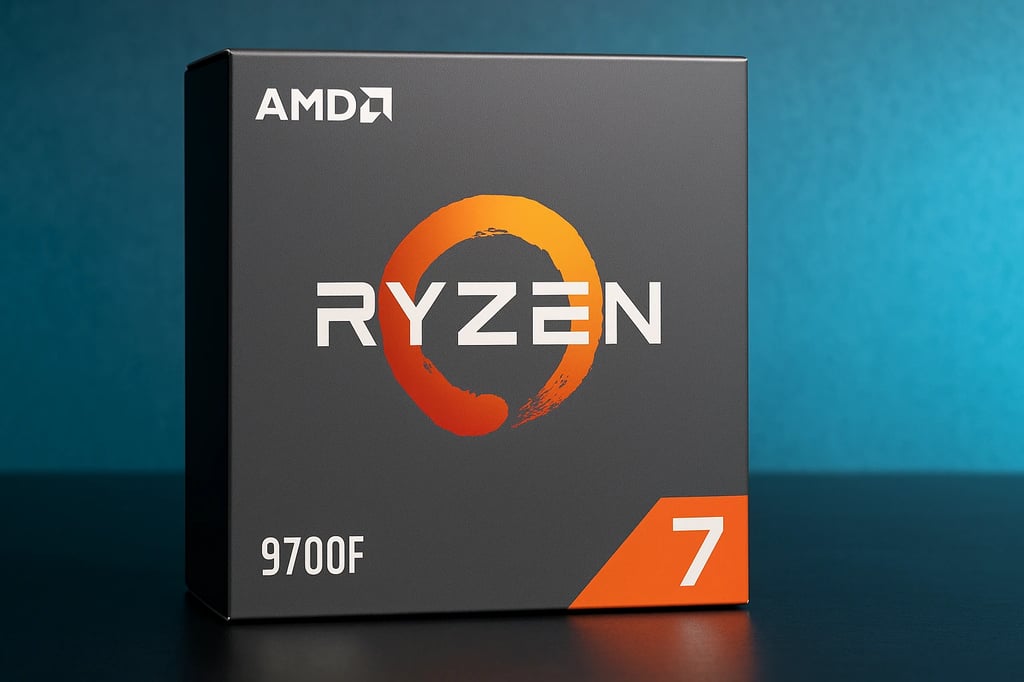 Caja del procesador Ryzen 7 9700F en una mesa, fondo azul celeste.