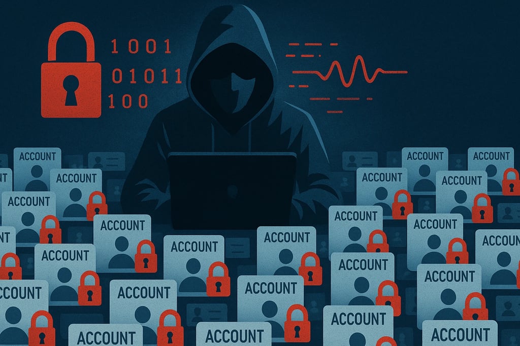 Ilustración sobre el robo de cuentas que muestra un encapuchado con un portátil rodeado de múltiples cuentas de usuario vulneradas y candados rojos sobre fondo azul oscuro.