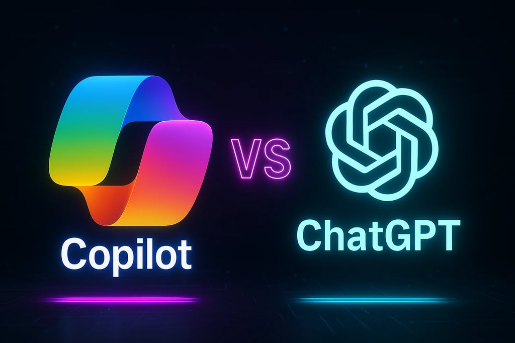 Imagen con un fondo oscuro estilo ciberespacio y los logos de Microsoft Copilot y ChatGPT enfrentados.