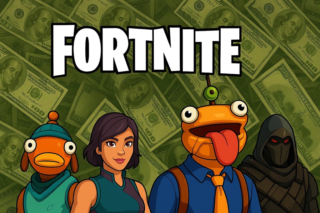 Imagen donde se muestran personajes de Fortnite con mucho dinero por detrás.
