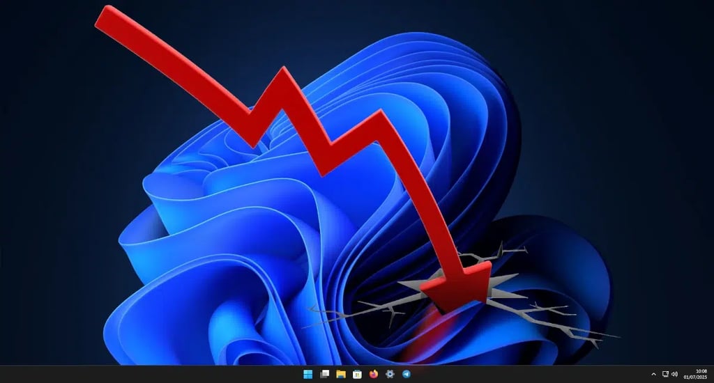 Imagen de Windows 11 con una flecha que va bajando indicando la pérdida de usuarios.