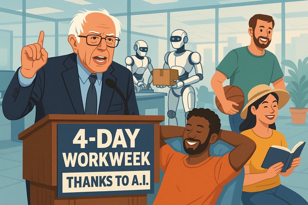 Ilustración de Bernie Sanders en un podio proponiendo una semana laboral de cuatro días, con robots realizando tareas laborales y trabajadores felices disfrutando de tiempo libre.