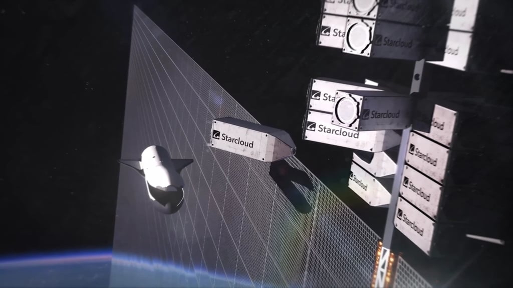 Satélite Starcloud con logo en su superficie orbitando en el espacio