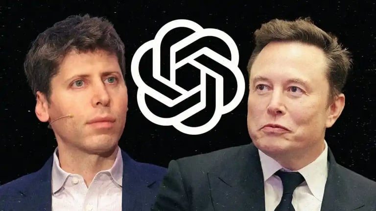 La imagen muestra a dos personas, una a la izquierda y otra a la derecha, con un logo blanco en el centro sobre un fondo negro. La persona de la derecha es Elon Musk y la de la izquierda Sam Altman.