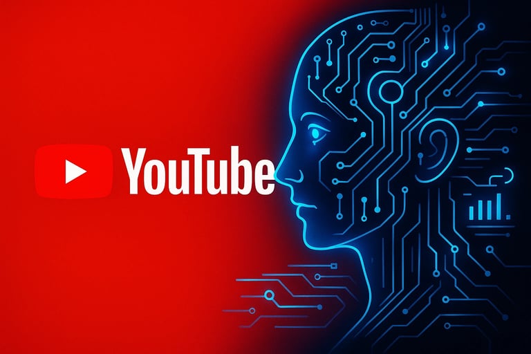Logo de YouTube con perfil de cabeza humana estilizada con circuitos tecnológicos en azul sobre fondo rojo degradado, representando inteligencia artificial y tecnología digital.