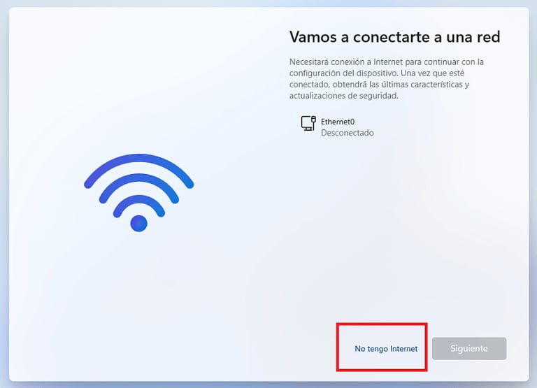 Pantalla de instalación de Windows 11 con un mensaje de error que pide conexión a Internet, sobre un fondo azul.