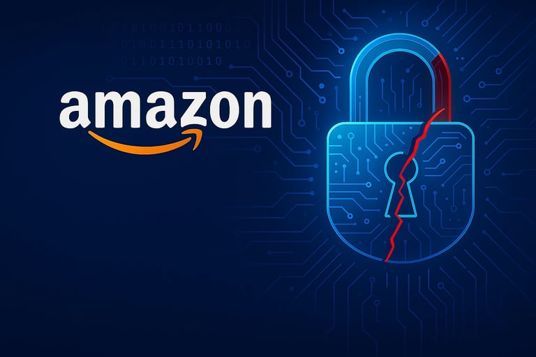 Logotipo de Amazon con un candado roto y un fondo oscuro que representa un ciberataque, con datos personales visibles.