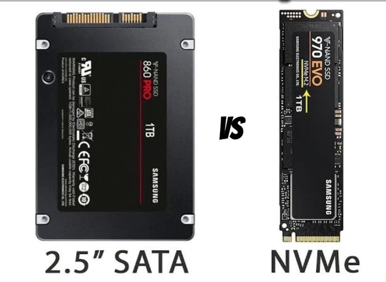 Dos tipos de unidades SSD, una NVMe M.2 y una SATA de 2.5 pulgadas, lado a lado.