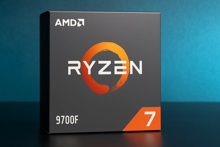 Caja del procesador Ryzen 7 9700F en una mesa, fondo azul celeste.