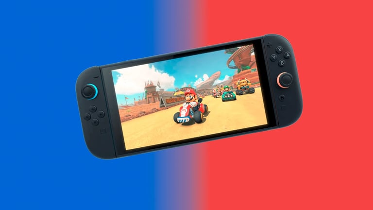 Una Nintendo Switch 2 sobre un fondo azul y rojo