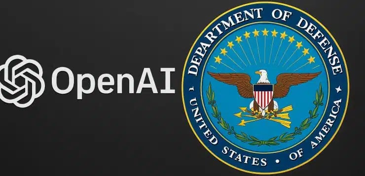 Logotipo de OpenAI y el pentágono juntos en un fondo negro.