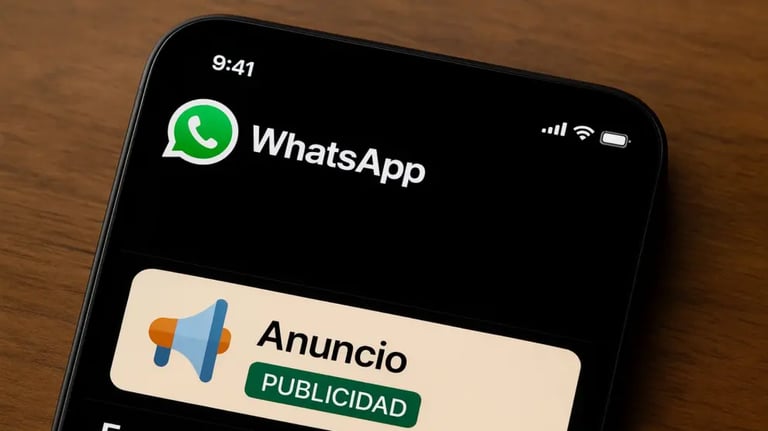 Imagen de un móvil con la app de WhatsApp mostrando anuncios.