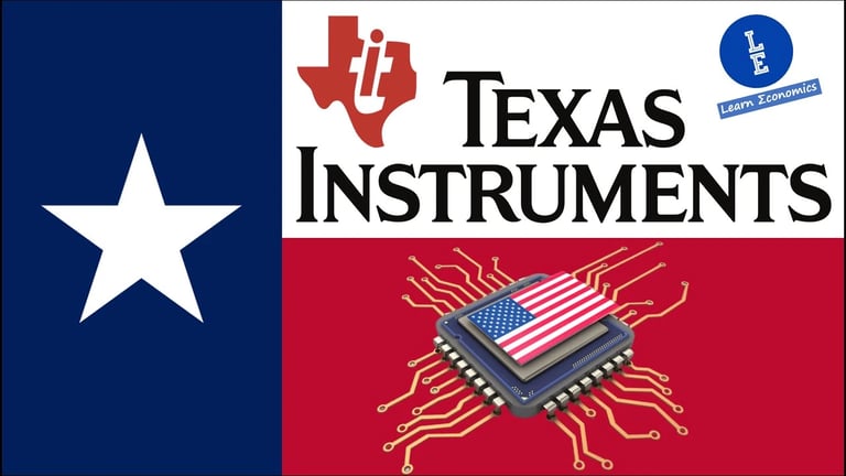 Imagen de una bandera de Texas que incluye el logo de Texas Instruments y un chip con la bandera de EE.UU.