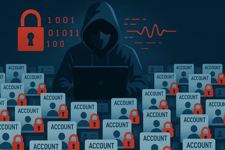 Ilustración sobre el robo de cuentas que muestra un encapuchado con un portátil rodeado de múltiples cuentas de usuario vulneradas y candados rojos sobre fondo azul oscuro.