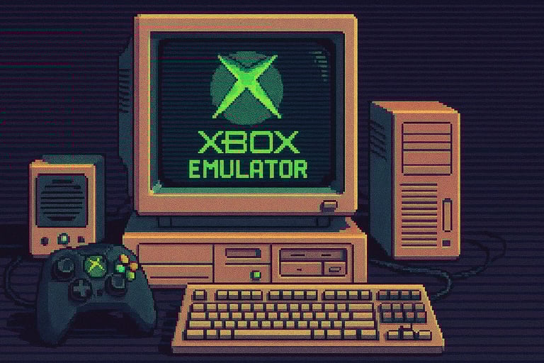 Imagen retro-tecnológica sobre la emulación de Xbox en PC.