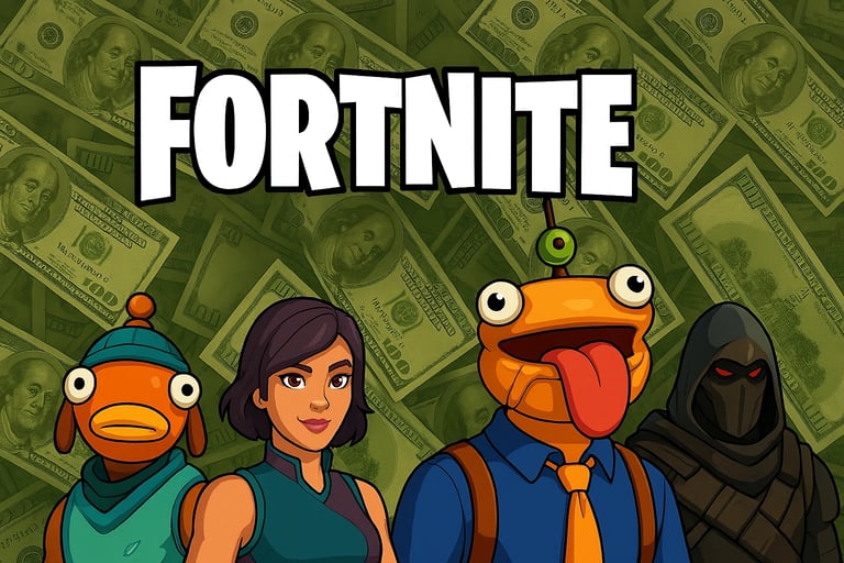 Imagen donde se muestran personajes de Fortnite con mucho dinero por detrás.