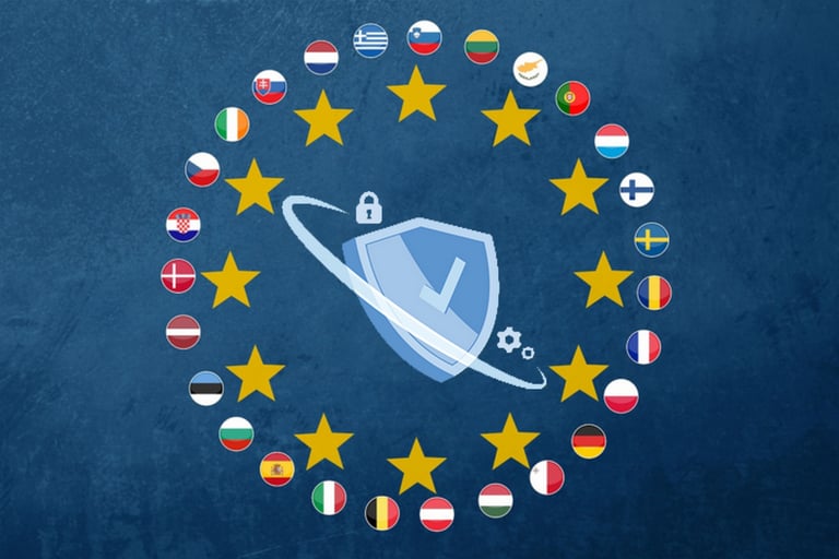 Imagen de un candado rodeado de las banderas de la Union Europea