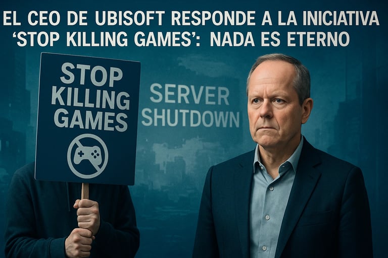 Imagen de Yves Guillemot serio y una persona manifestándose representando a “Stop Killing Games”