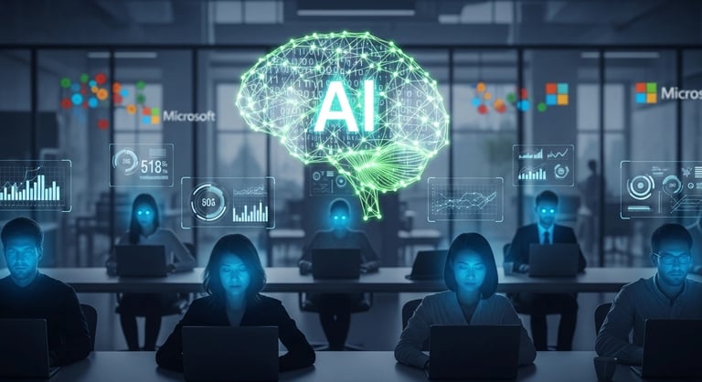 Imagen de personas trabajando bajo el influjo de la IA, que se proyecta como herramienta obligatoria en Microsoft.