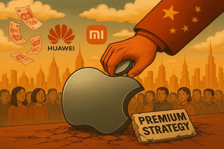 Mano con bandera de China presionando el logo de Apple, rodeado de billetes y logotipos de Huawei y Xiaomi.