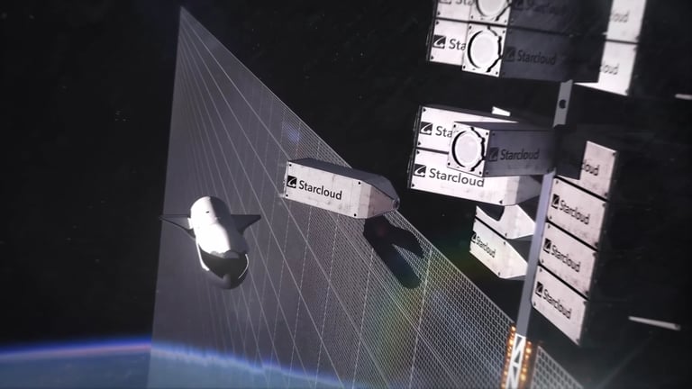 Satélite Starcloud con logo en su superficie orbitando en el espacio