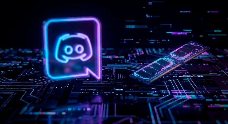 Módulo de memoria RAM sobre un fondo tecnológico oscuro con el logo de Discord desenfocado en tonos neón.