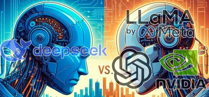 Comparación digital: robot azul "deepseek" vs. robot plateado/dorado "LLaMA by Meta", con logos de OpenAI y NVIDIA.