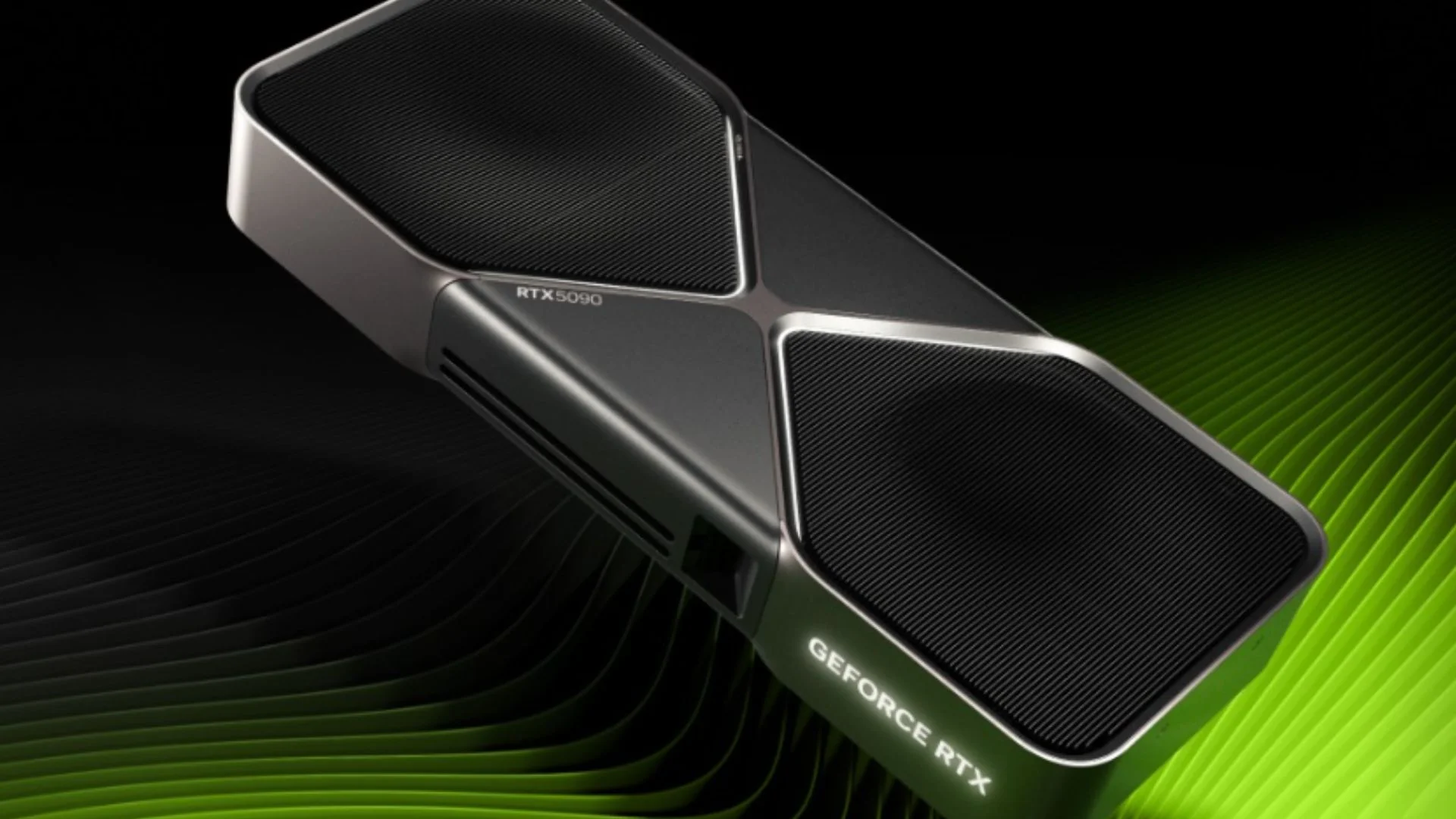 Foto de gráfica RTX 5090 con un fondo acorde a la paleta de colores de Nvidia 