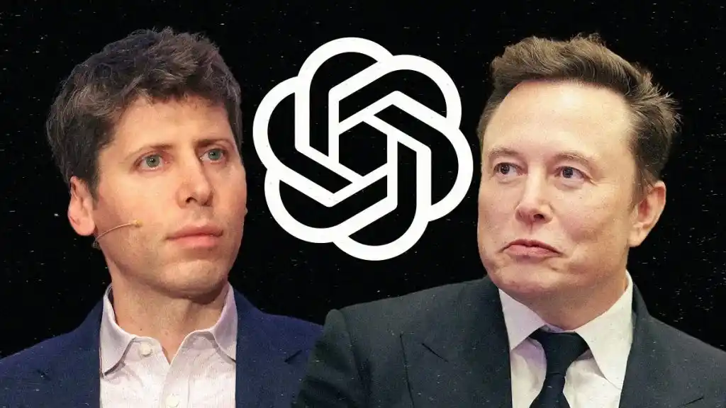 La imagen muestra a dos personas, una a la izquierda y otra a la derecha, con un logo blanco en el centro sobre un fondo negro. La persona de la derecha es Elon Musk y la de la izquierda Sam Altman.